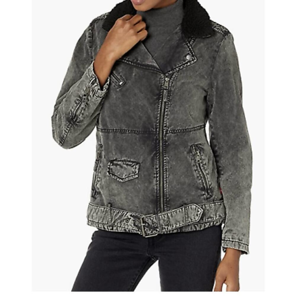 Levi's Acid Wash 💯 Cotton Sherpa Oversized Moto Denim Jean Jacket Women Large M